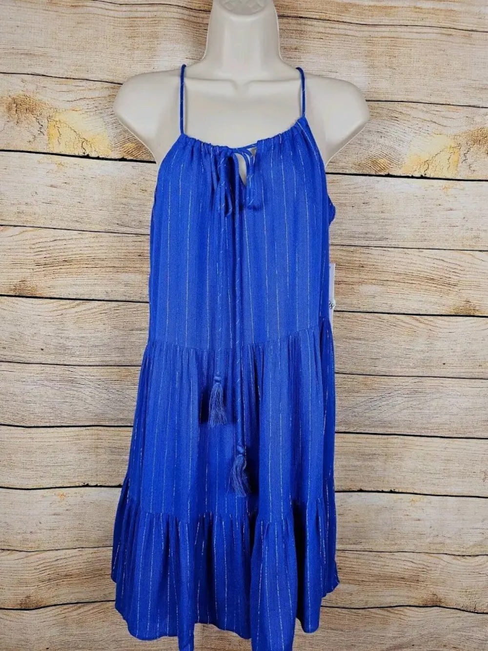 Aqua Royal Blue Tiered Mini Dress with Metallic Stripes